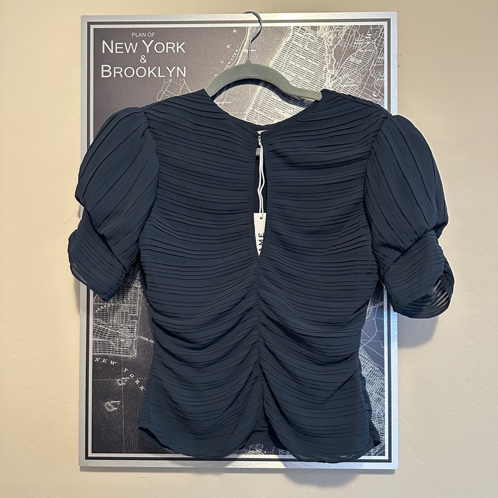 Frame Pleated Ruched Sleeve Keyhole Top Navy (Small)